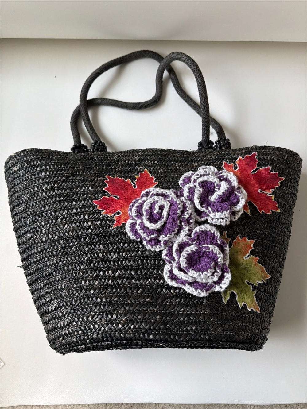 Hand Crafted Black Straw Tote with Purple Crochet Roses and Red Leaf Accents